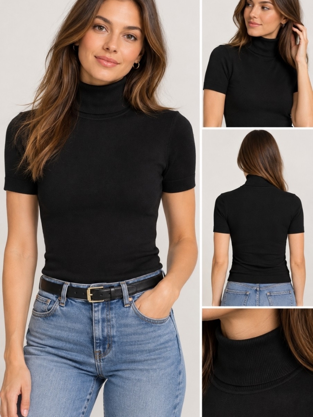 Women's Short Sleeve Turtleneck Top - Black